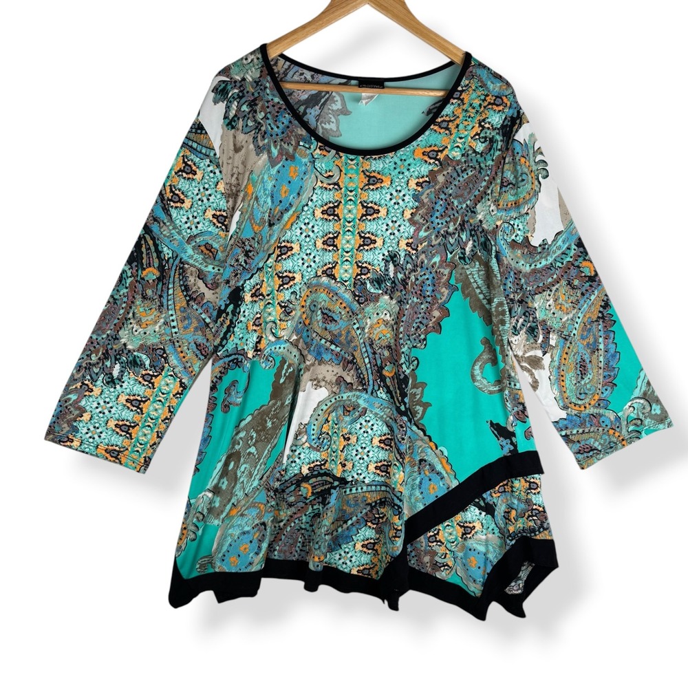 Caribe Tunic Top Size 1X Y2K Boho Paisley Sharkbite Hem Artsy Maximalist USA